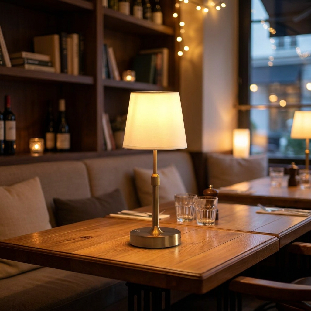 Fabric table lamp glowing on a wooden bistro table in a cozy dimly lit interior