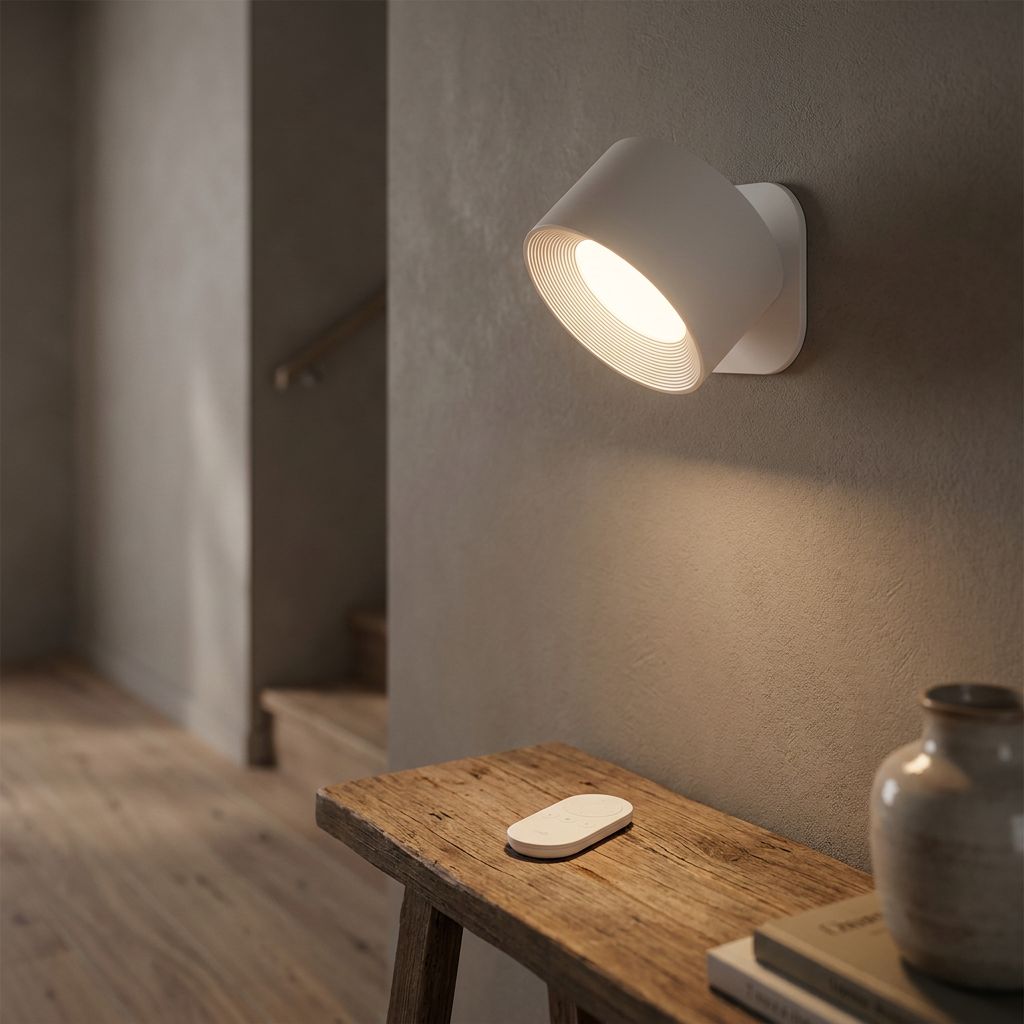 USB rechargeable LED wall lamp mounted in a hallway with its remote control nearby