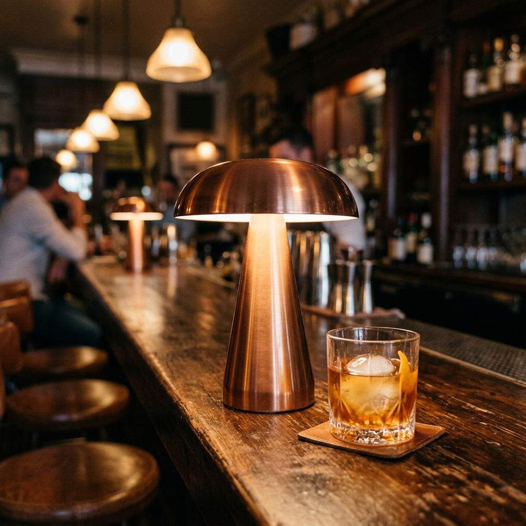 Retro rechargeable bar table lamp glowing on a dark wooden bar top