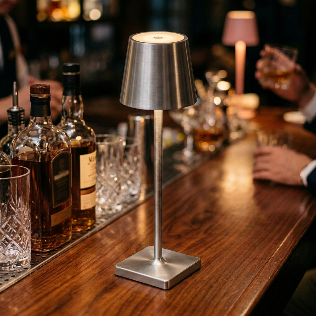 Touch dimming rechargeable table lamp in brushed silver on a bar counter