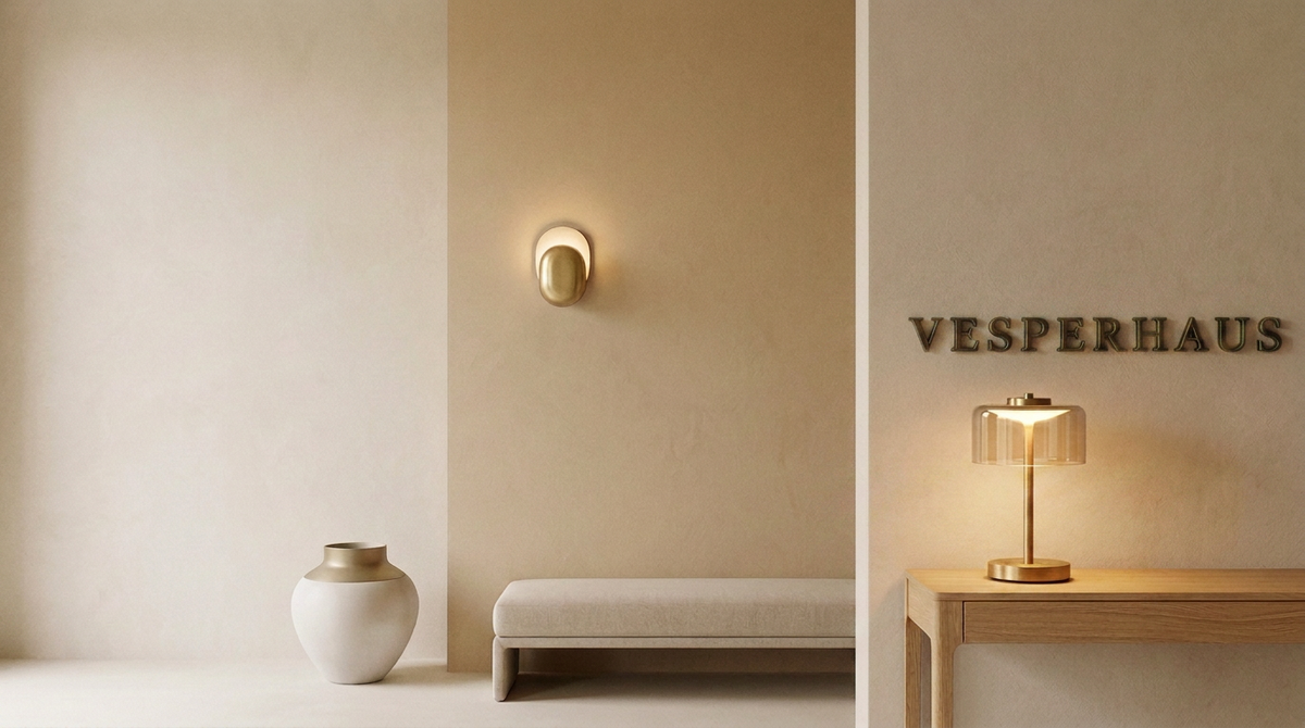 Vesperhaus cordless table lamp glowing on an oak console in a warm modern interior with a wall sconce
