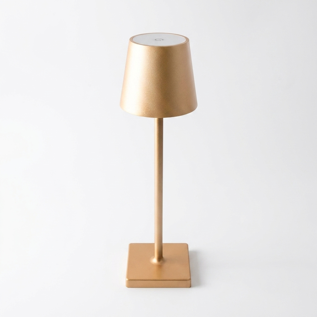 Rechargeable touch dimming table lamp in golden on a white studio background