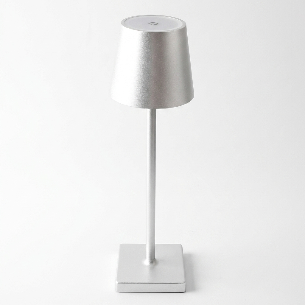 Rechargeable touch dimming table lamp in silver on a white studio background