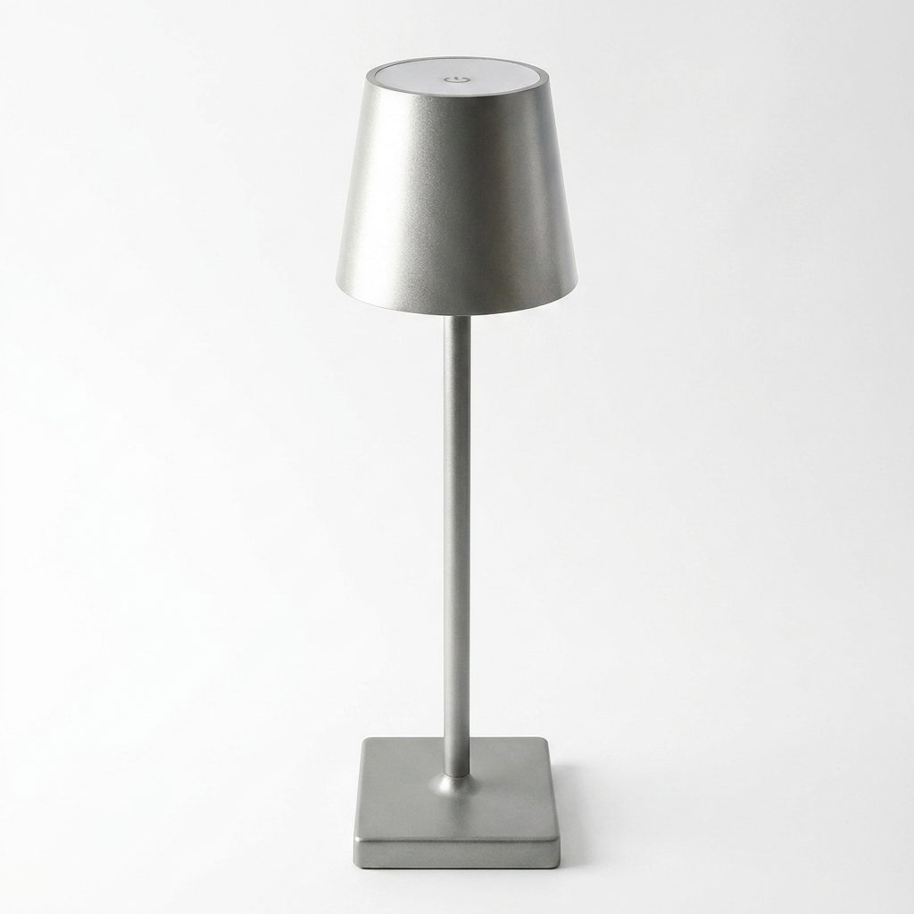 Rechargeable touch dimming table lamp in gray on a white studio background