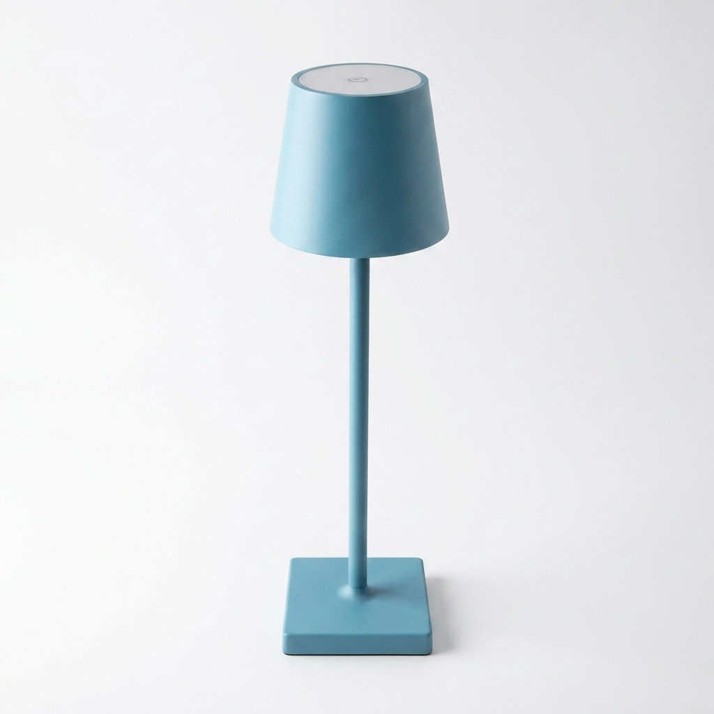 Rechargeable touch dimming table lamp in blue on a white studio background
