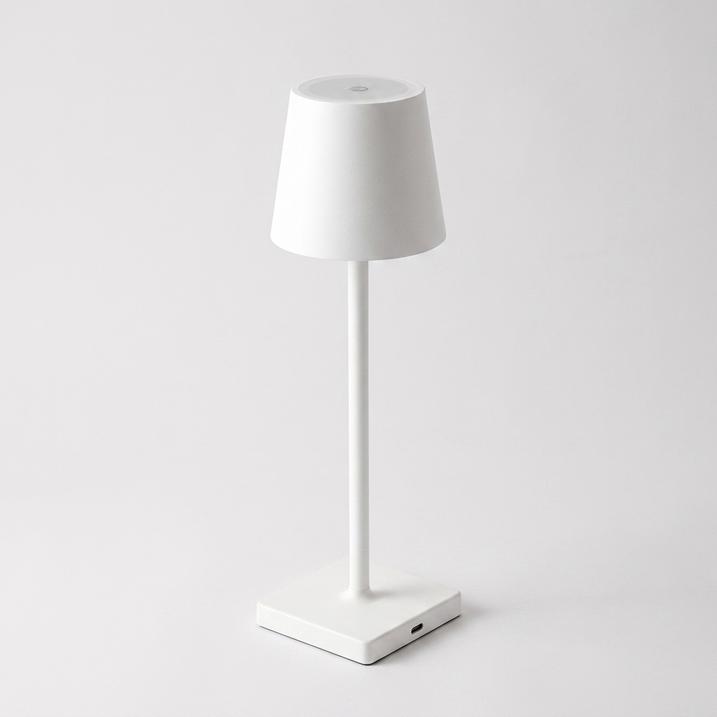 Rechargeable touch dimming table lamp in white on a light neutral studio background