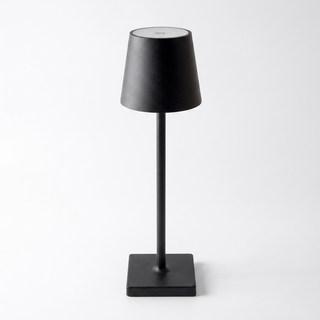 Rechargeable touch dimming table lamp in black on a white studio background