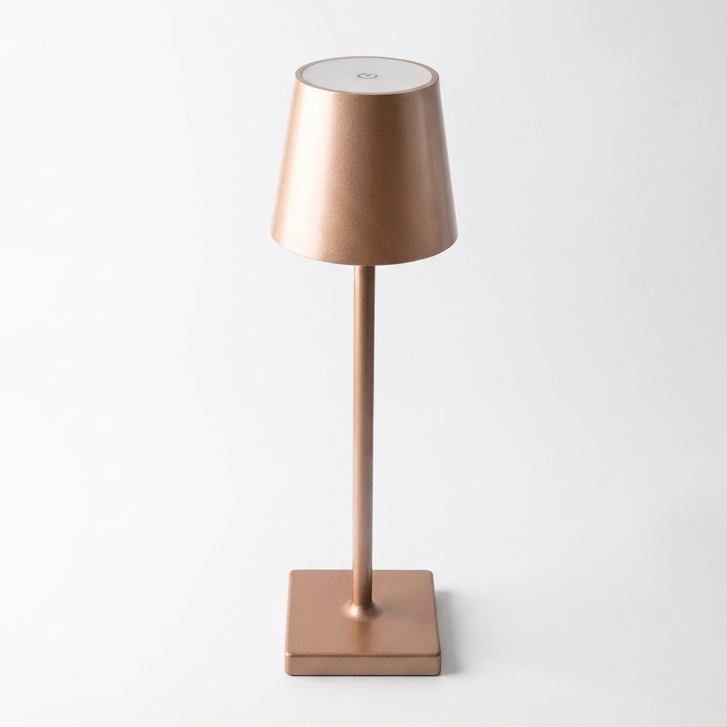 Rechargeable touch dimming table lamp in brown on a white studio background